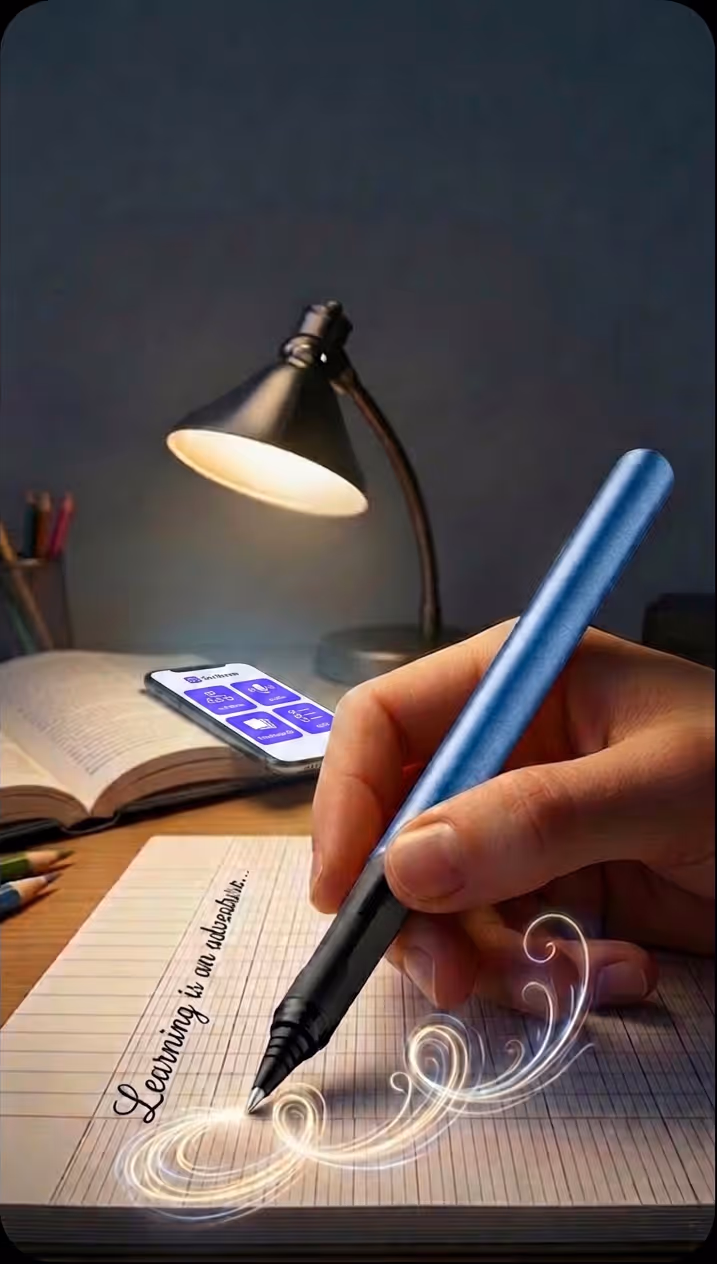 Main écrivant 'Learning is an adventure' avec un stylo bleuté sur cahier sous lampe de bureau.