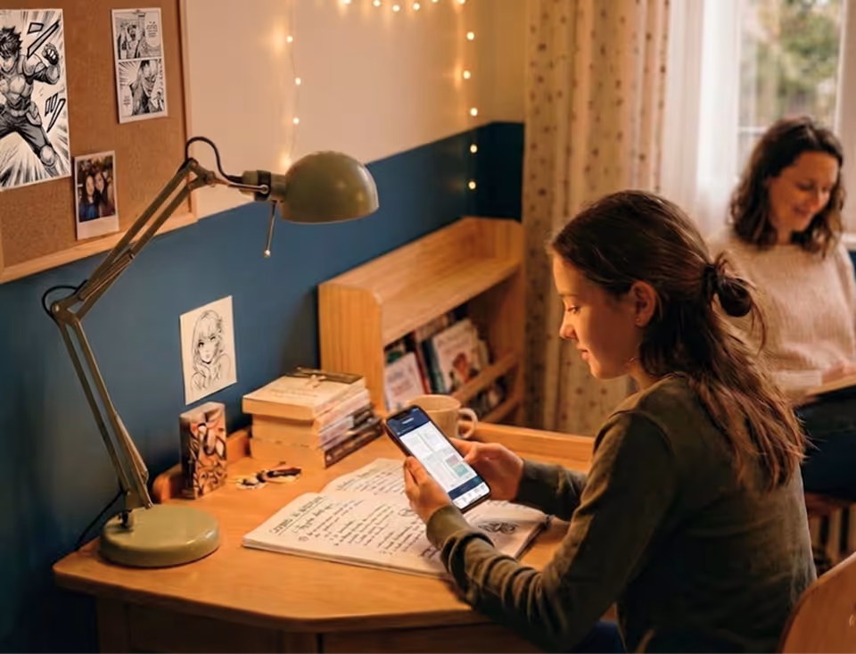 Deux jeunes femmes dans une chambre, l'une consulte un smartphone à un bureau éclairé par une lampe verte.