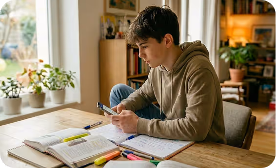 Adolescent concentré utilisant un smartphone pour ses devoirs à une table avec livres et surligneurs.
