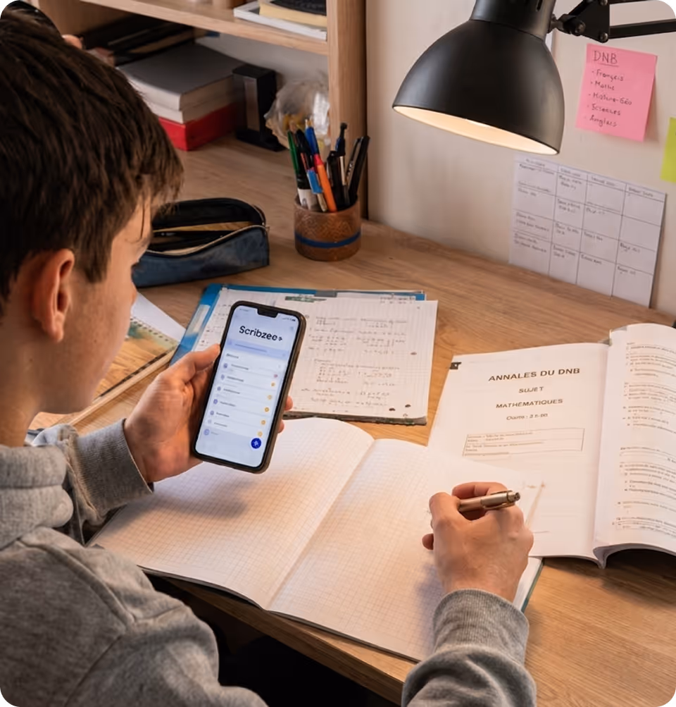 Jeune étudiant utilisant une application mobile Scribzee pour réviser les mathématiques à son bureau.
