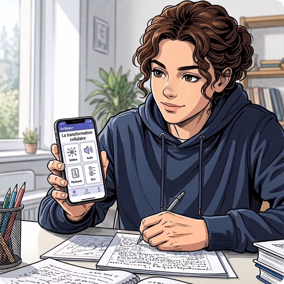 Jeune personne montrant une appli mobile sur la transformation cellulaire tout en prenant des notes.