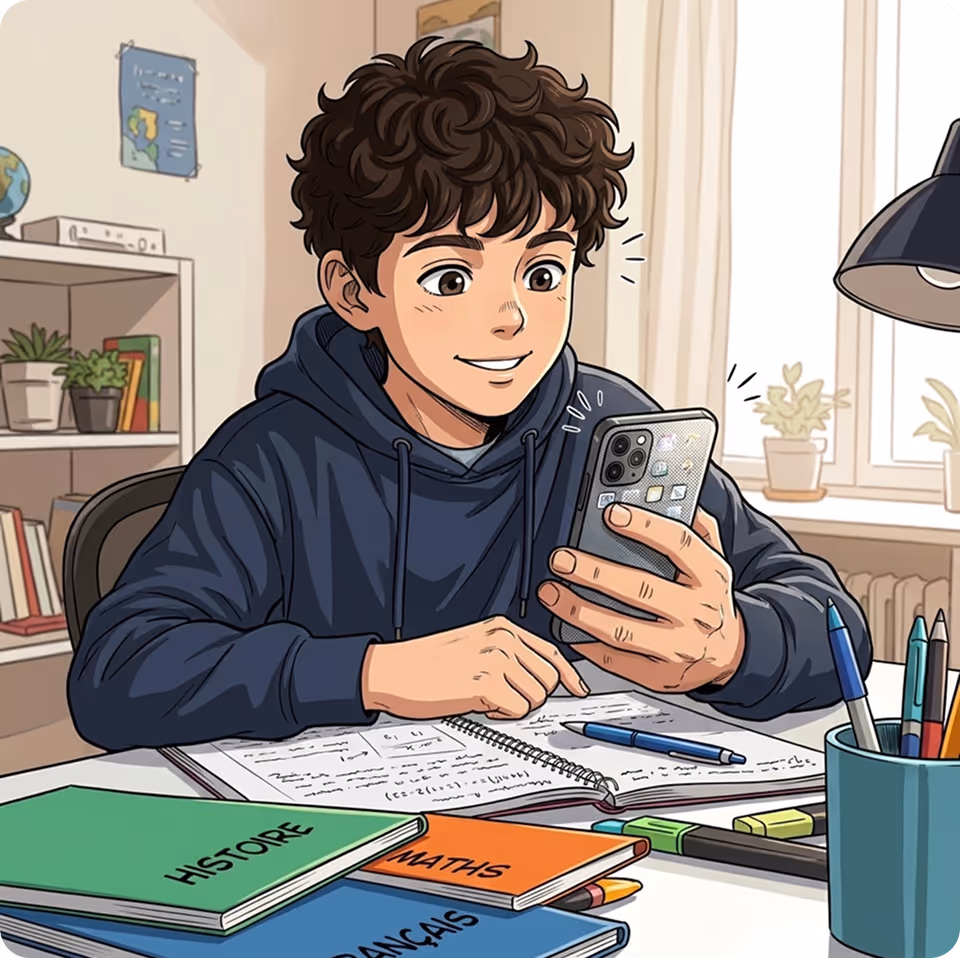 Un garçon souriant regardant son téléphone en étudiant avec des cahiers d'histoire, maths et français.