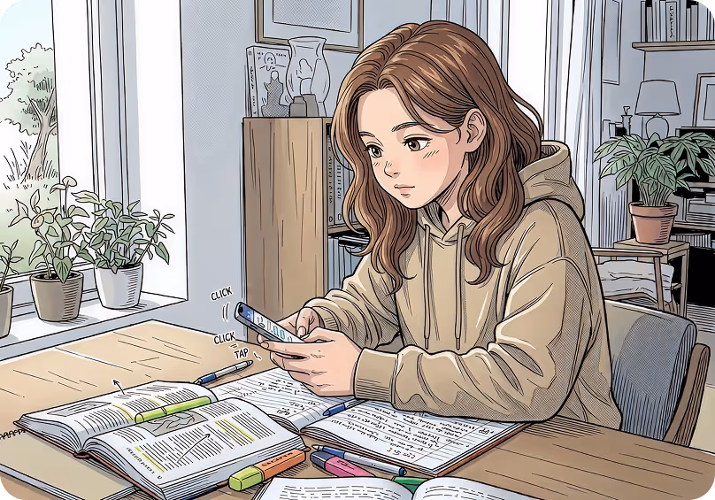 Jeune fille aux cheveux longs faisant ses devoirs à une table avec livres et téléphone.