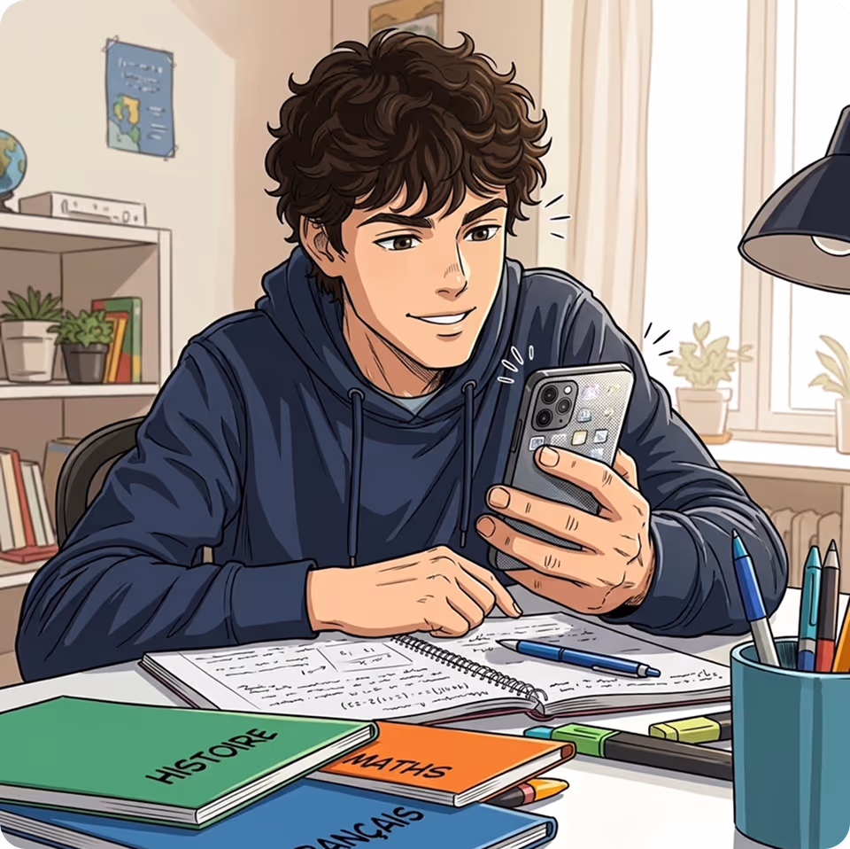 Jeune homme souriant regardant son téléphone en étudiant des cahiers de maths, histoire, français.
