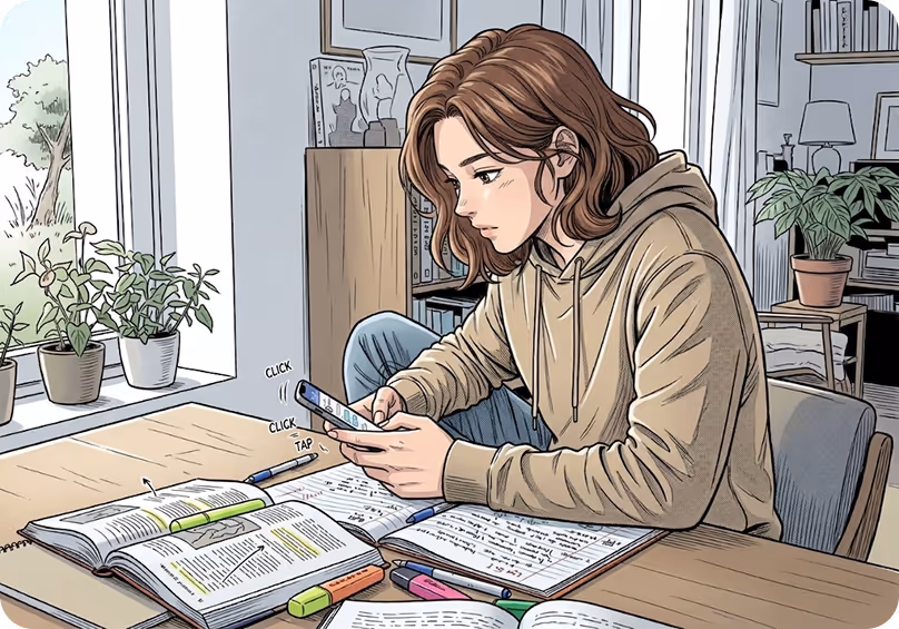 Jeune fille à capuche étudie avec des livres, surligneurs, et téléphone dans une pièce intérieure lumineuse.