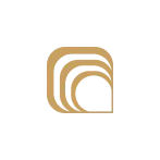 Abstract logo with three nested rounded shapes in gold on black background.