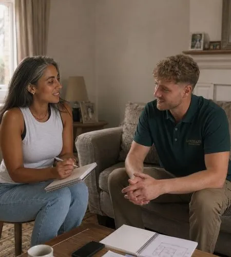 Woman with notebook talking to a man seated on a sofa in a cozy living room.