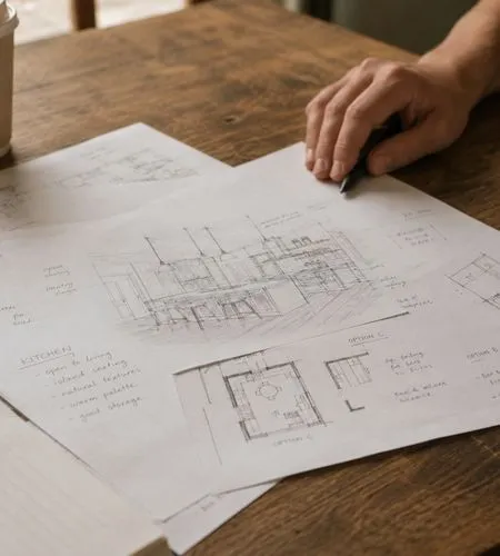 Hand holding pencil over architectural sketches on a wooden table with notes and plans.