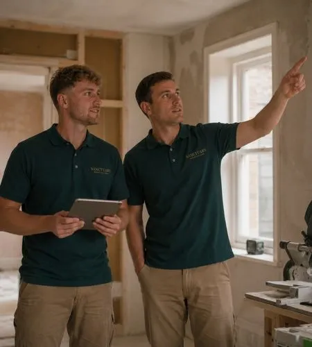 Two men in matching polo shirts discussing work in an unfinished room, one pointing at wall.