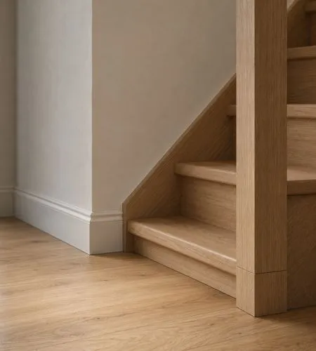 Close-up of light wood stairs and matching flooring next to a white wall and baseboard.