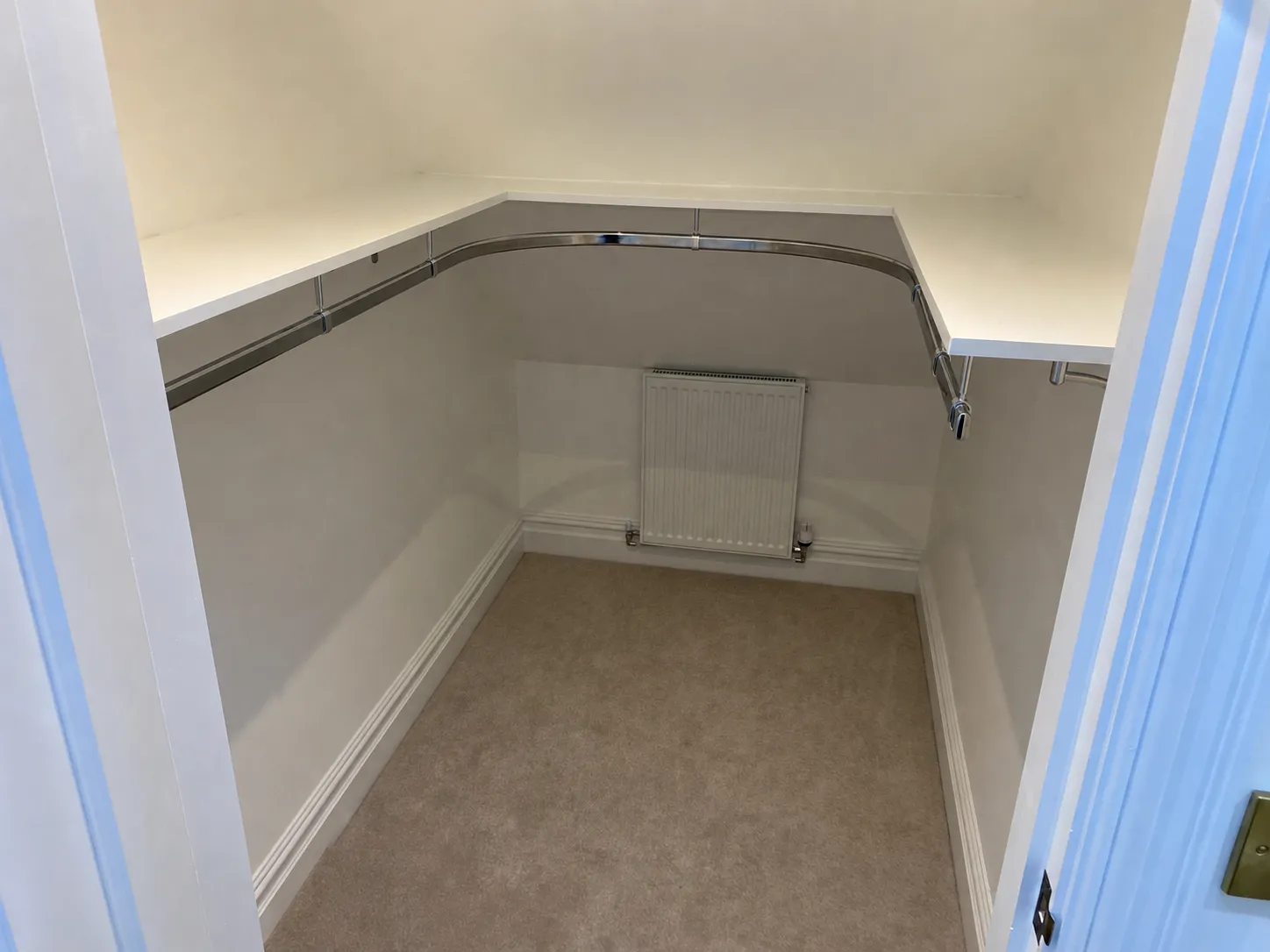 Empty walk-in closet with beige carpet, white walls, a radiator, and a hanging rail with a shelf.