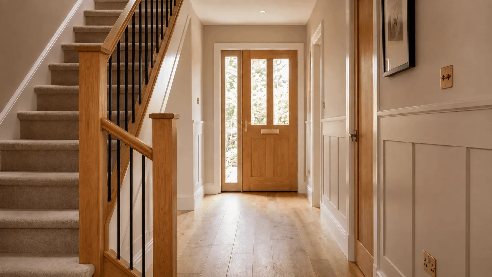 Interior hallway with wooden front door, beige walls, carpeted stairs, and hardwood floor.