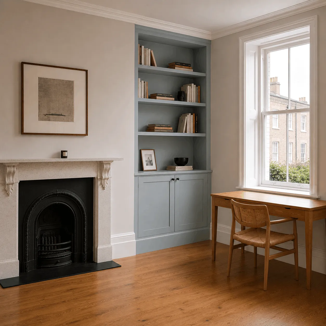 Cozy room with fireplace, blue built-in bookshelf, wooden desk, chair, and a large window showing brick buildings.