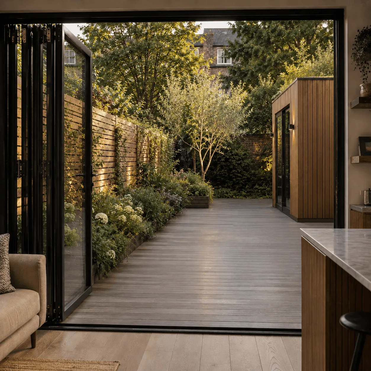Modern outdoor wooden deck garden with plants, trees, and a small wooden shed at sunset.