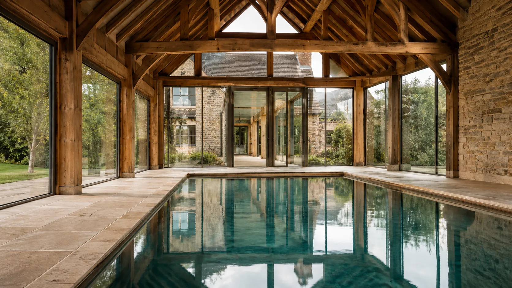 Indoor pool with glass walls and wooden beams in a rustic stone house with garden views.