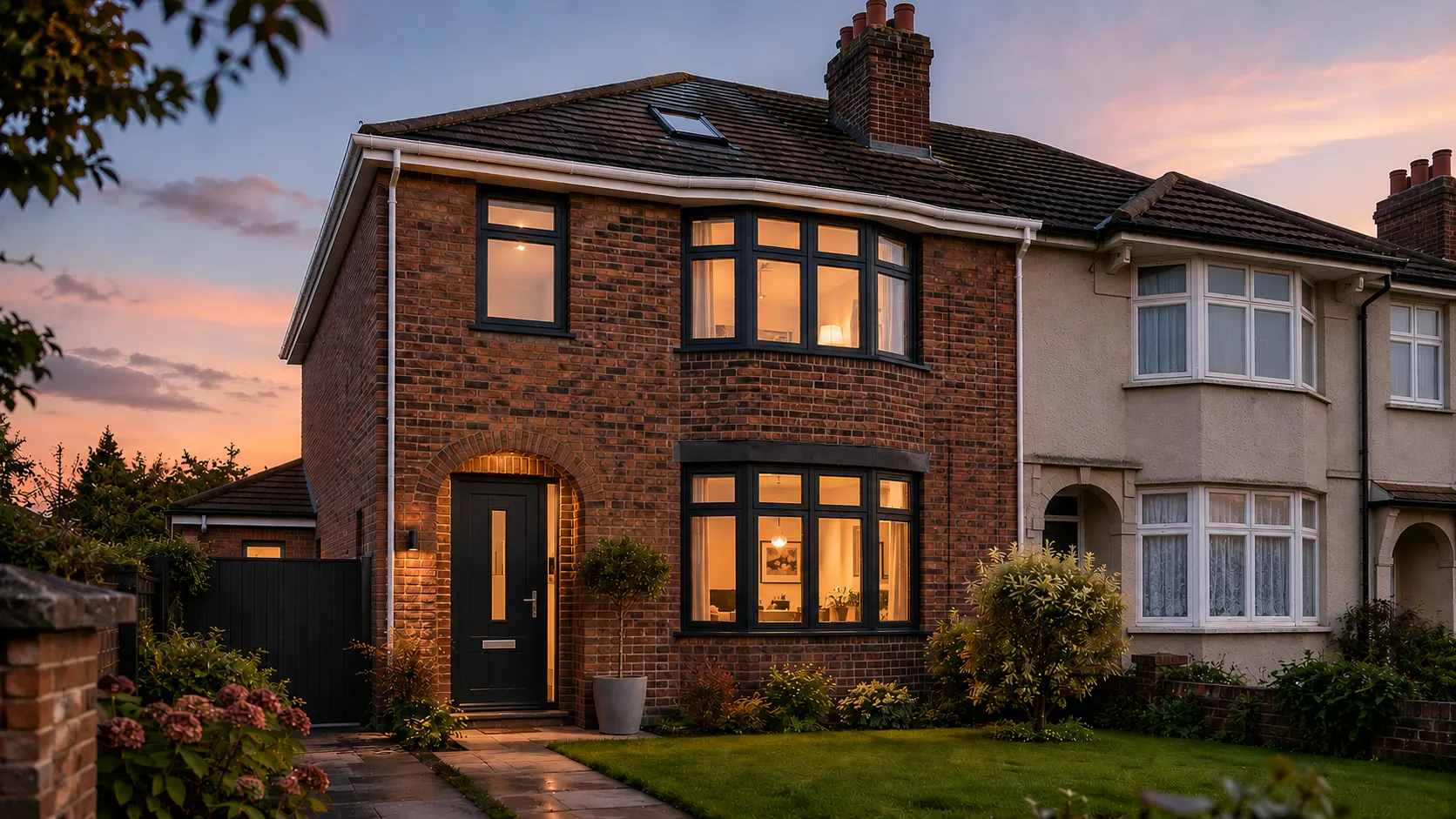 Brick house with black framed windows and door, warmly lit inside at sunset.