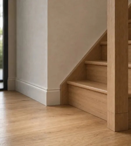 Corner view of a wooden staircase and matching wood floor beside a beige wall.