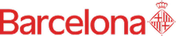 Red text spelling Barcelona with a red geometric symbol on the right.