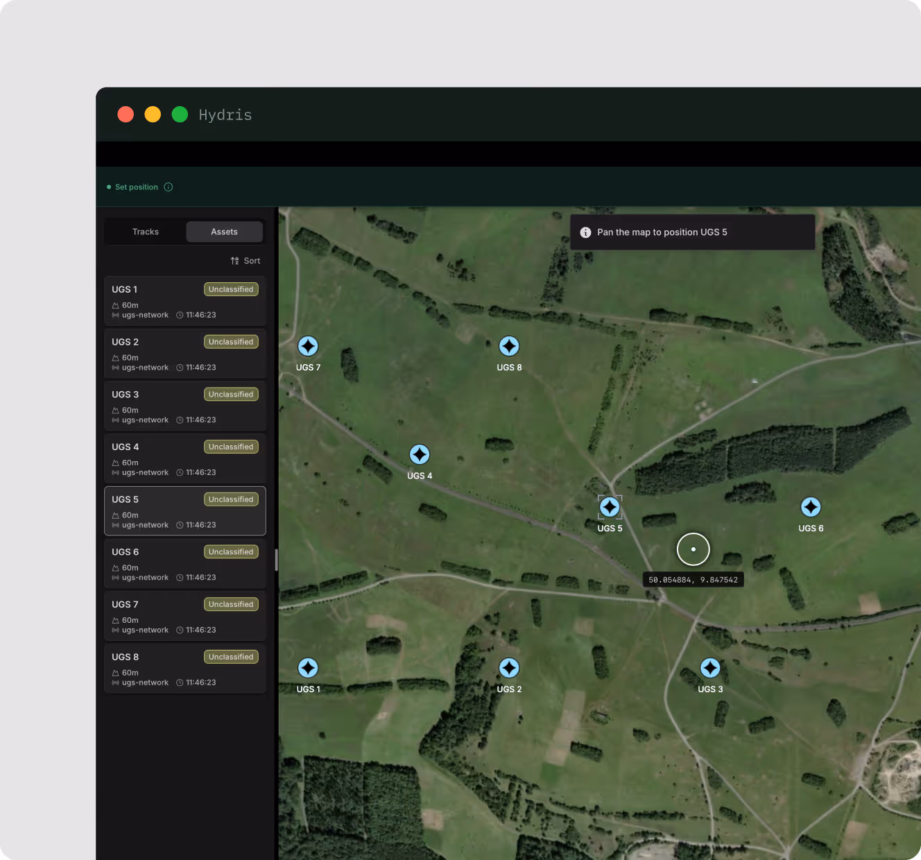 Map interface with green landscape and markers labeled UGS 1 to UGS 8 for positioning assets.