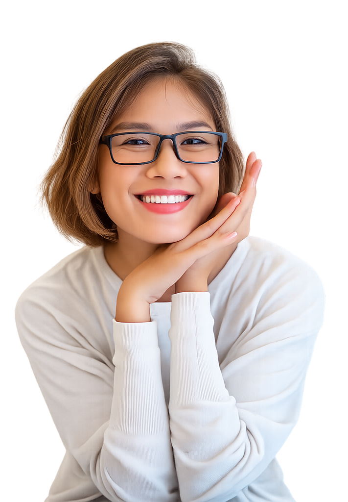 Smiling woman with short hair and glasses resting her face on clasped hands, wearing a white sweater.