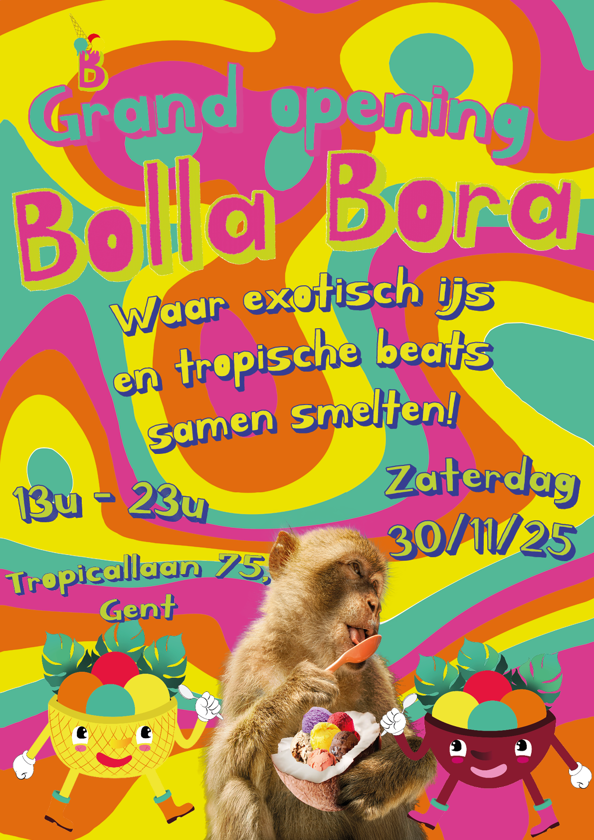 Colourful tropical poster for the grand opening of fictional ice cream brand Bolla Bora