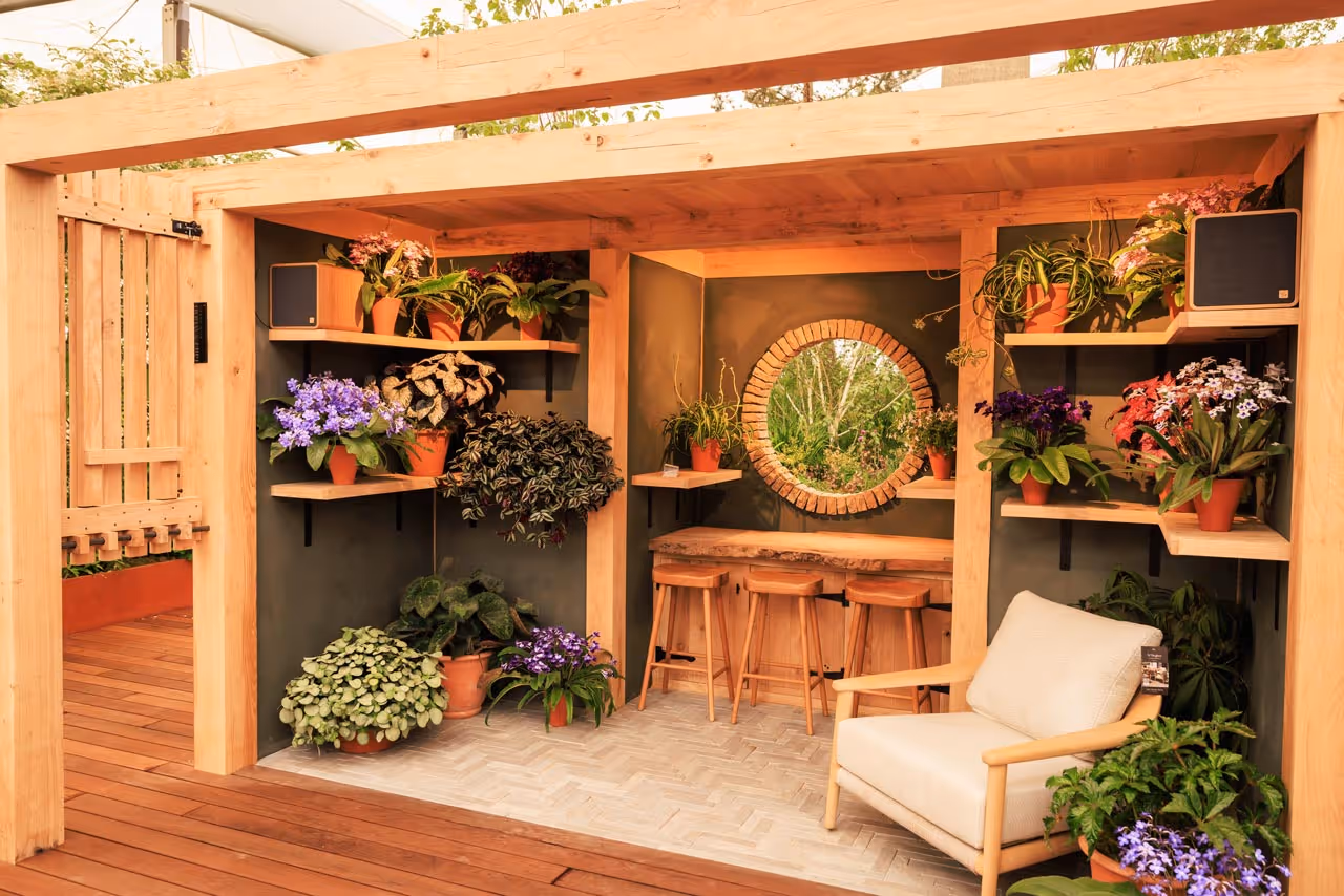 Timber garden room with shelved plants, a round window and cushioned seating in a Chelsea Flower Show garden