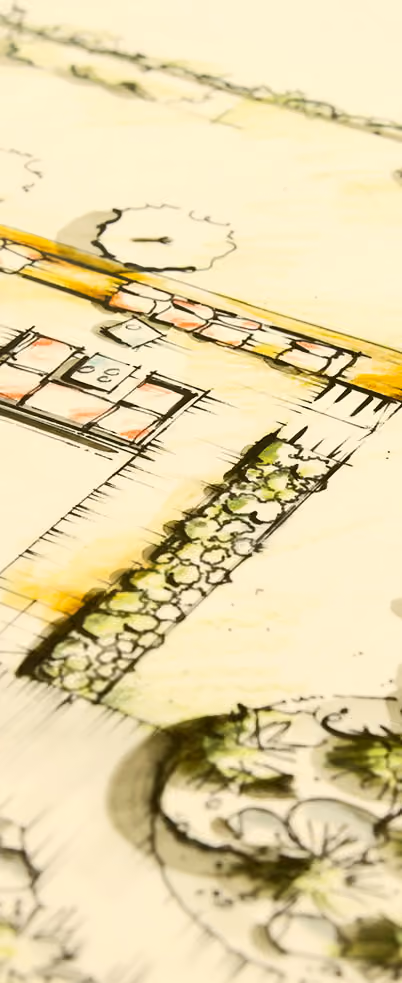 Hand-drawn garden design plan showing planting areas and hard landscaping in colour