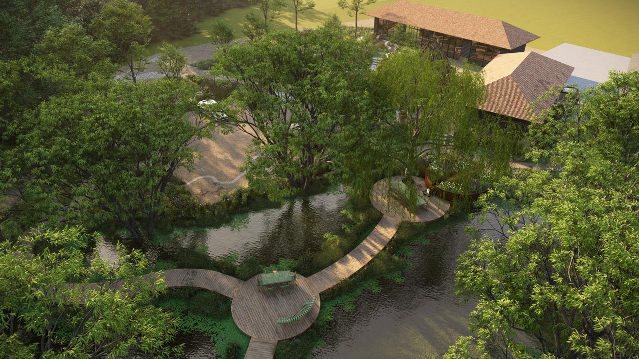 Aerial design visual of a garden with curved timber boardwalks and circular decks crossing a lake beside a barn