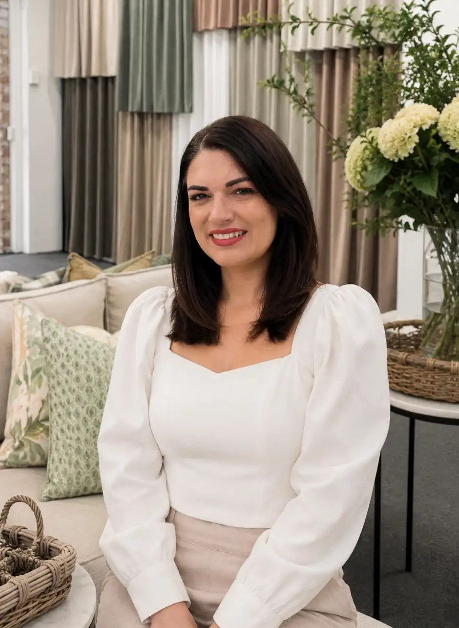 Angela Jones, owner of Curtain Warehouse & Interiors, smiling while sitting on a couch wearing a white blouse, with decorative pillows nearby.