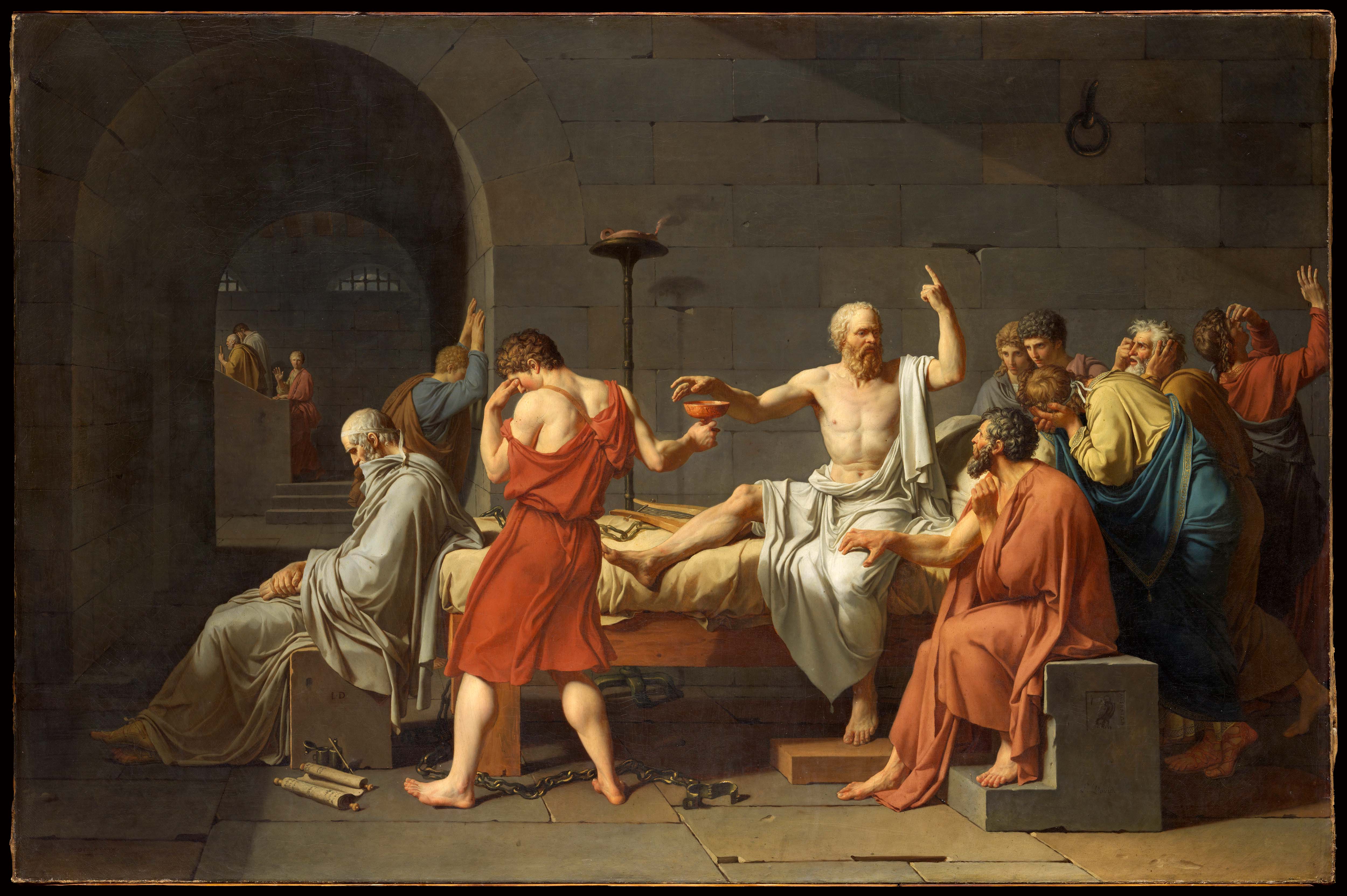The Death of Socrates by Jacques-Louis David, 1787. Socrates, calm and reasoning, takes the cup of hemlock from his disciples.