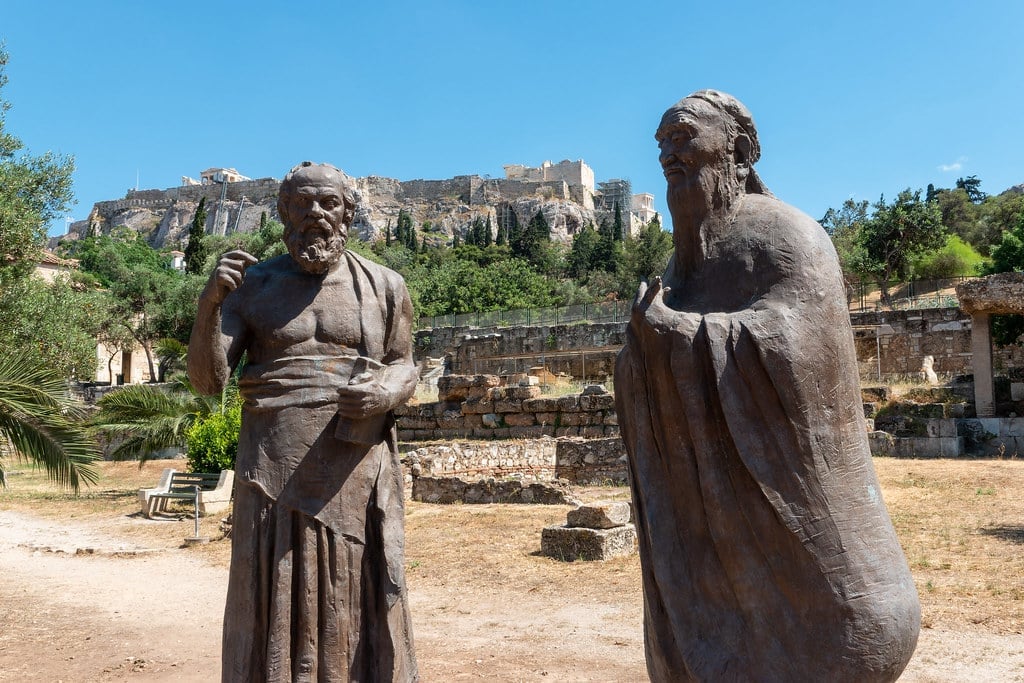 Statues of Socrates and Confucius at the Ancient Agora of Athens, sculpted by Wu Weishan and unveiled in 2021.