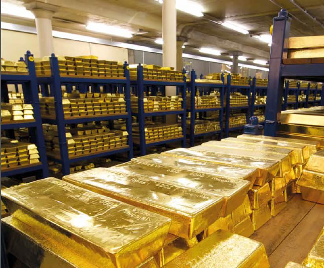 Gold reserves stacked in a bank vault