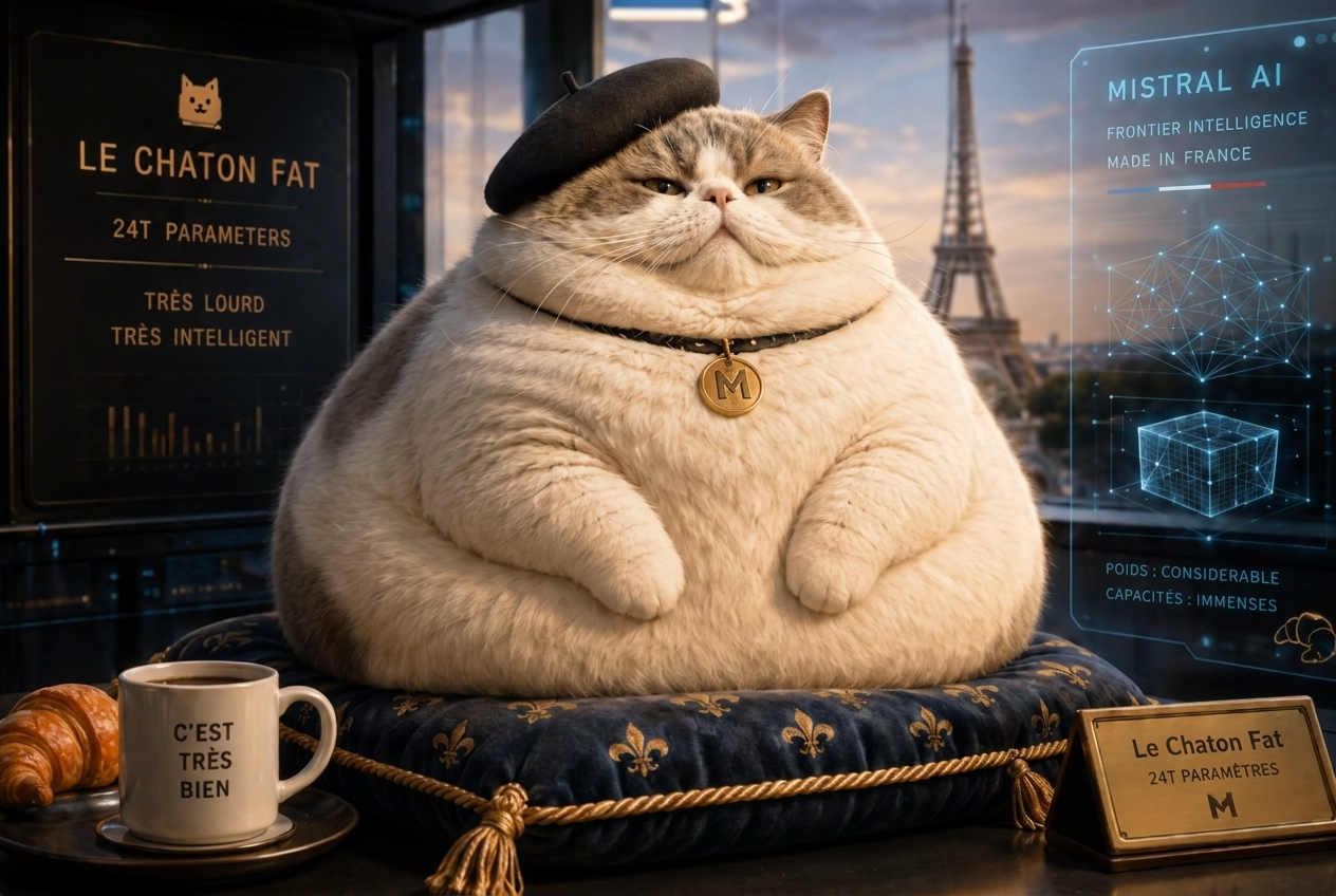 Le Chaton Fat, the parody kitten of the viral Mistral meme, in front of the Eiffel Tower