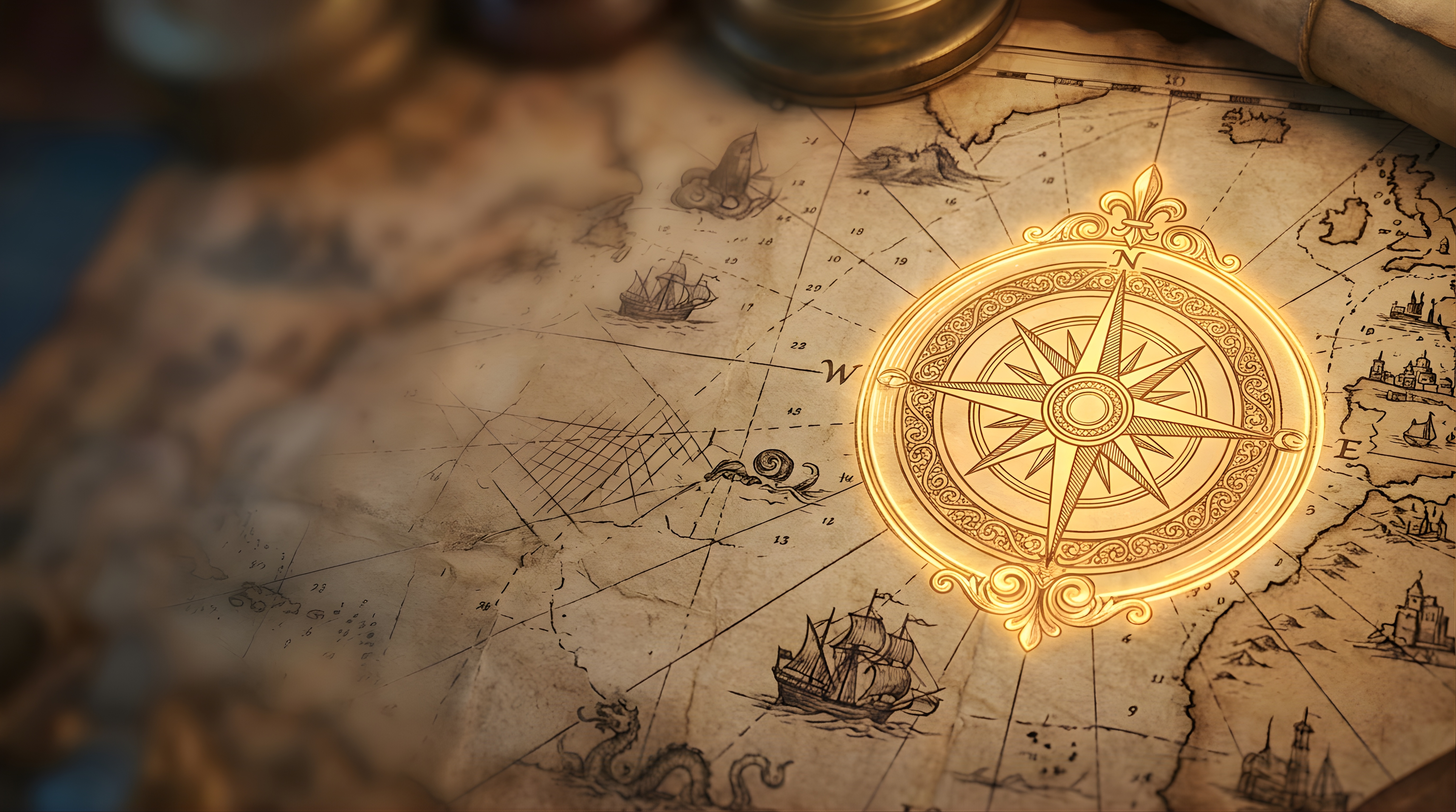 An antique nautical chart with a gilded compass rose at its centre