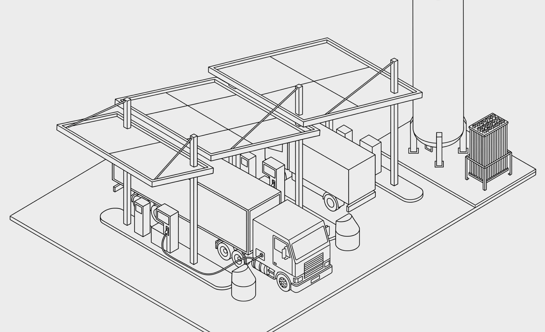 Black and white line drawing of an industrial piping system within a rectangular frame.
