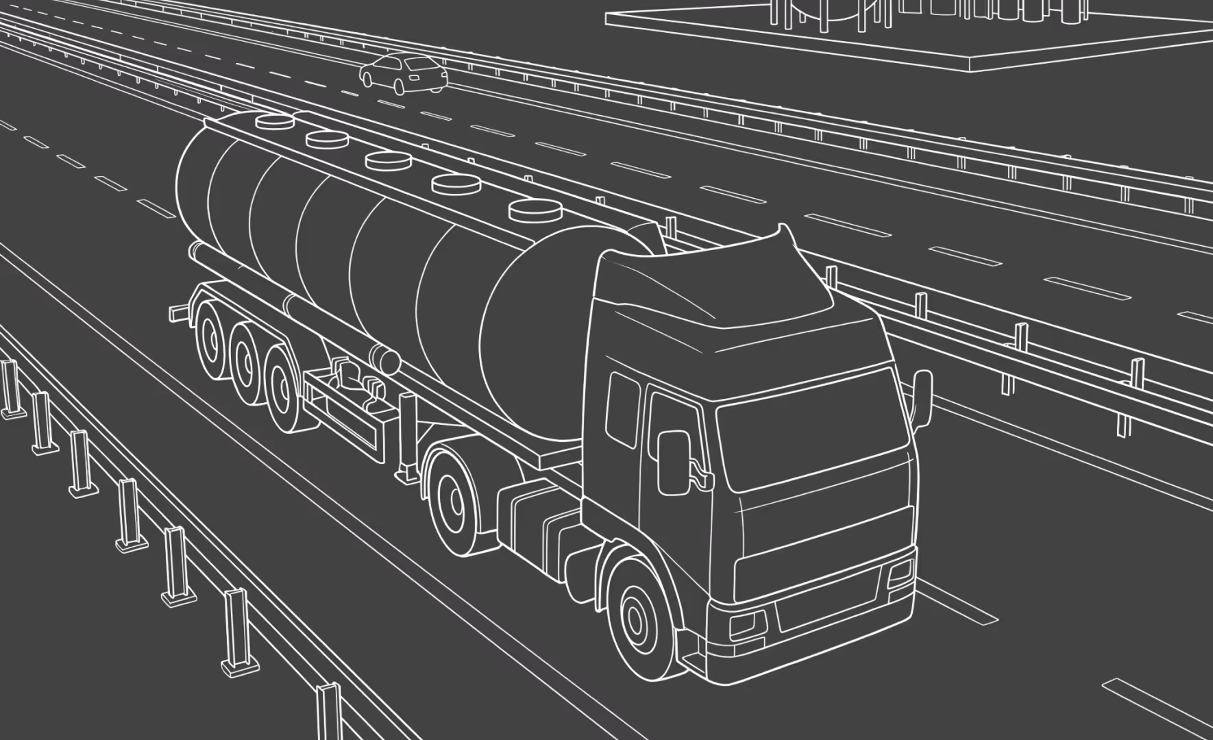 Line art of a tanker truck driving on a highway with a car in an adjacent lane.