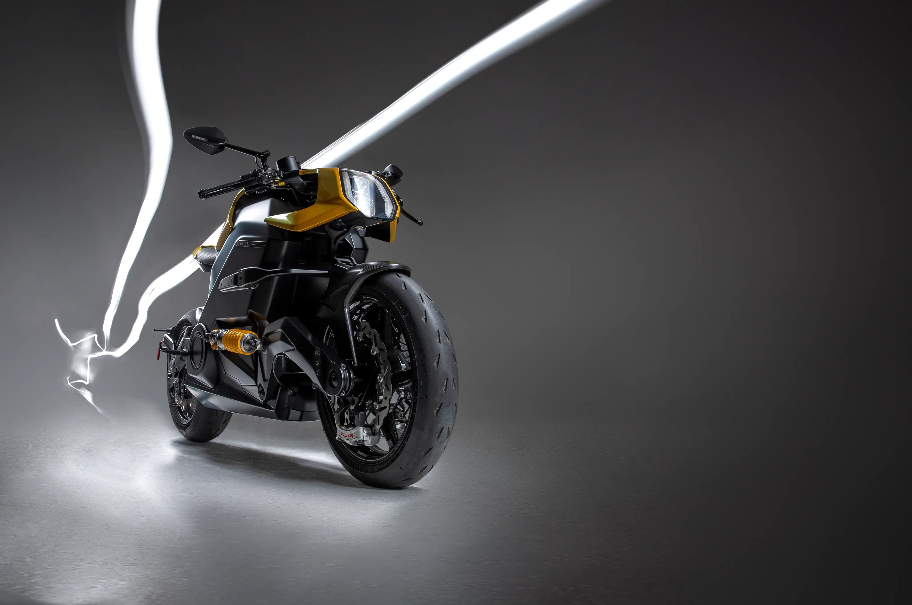 Front three-quarter view and light painting of the Arc Vector performance electric motorcycle
