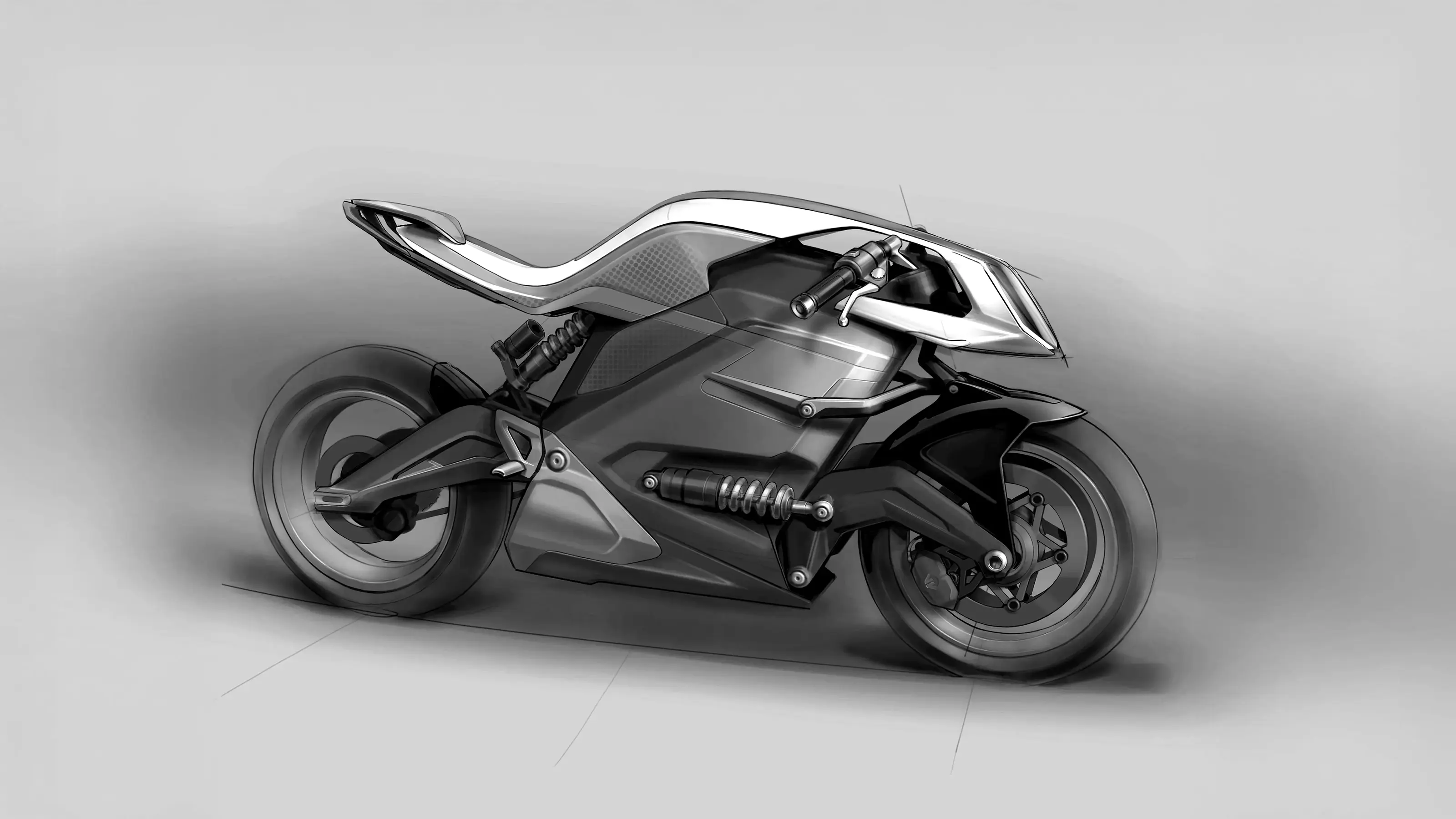 Arc Resfeber render showing   handrawn image of a concept performance electric motorcycle