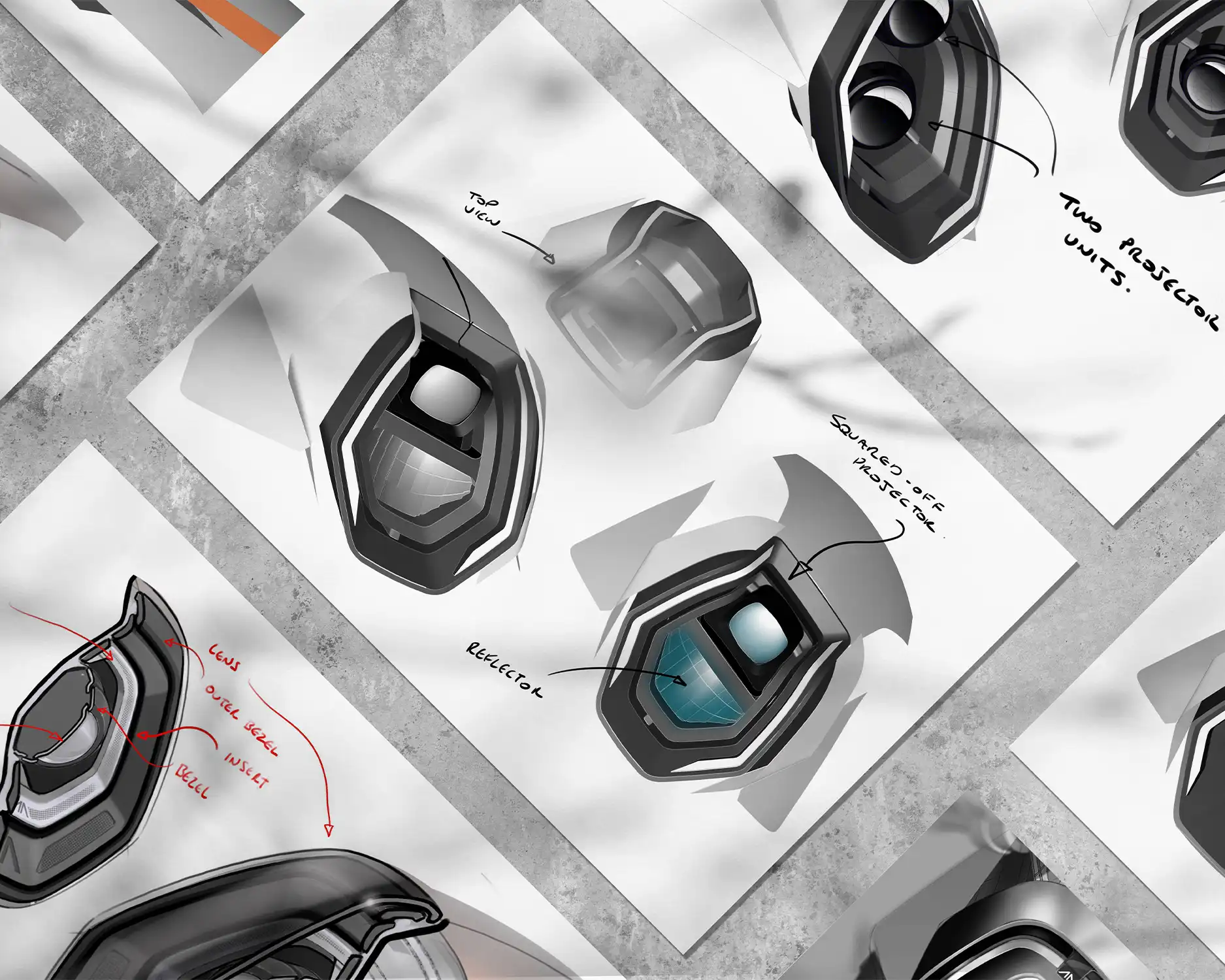 Image of headlight study drawings for concept electric motorcycles
