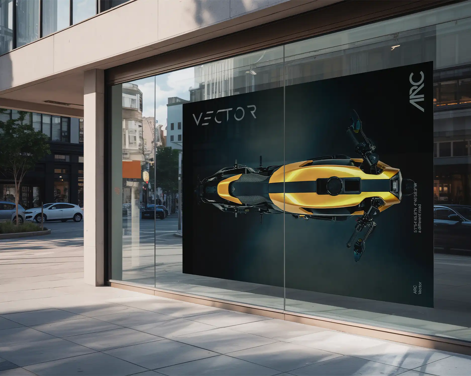 Photo of a store front showing an aerial view of the Arc Vector
