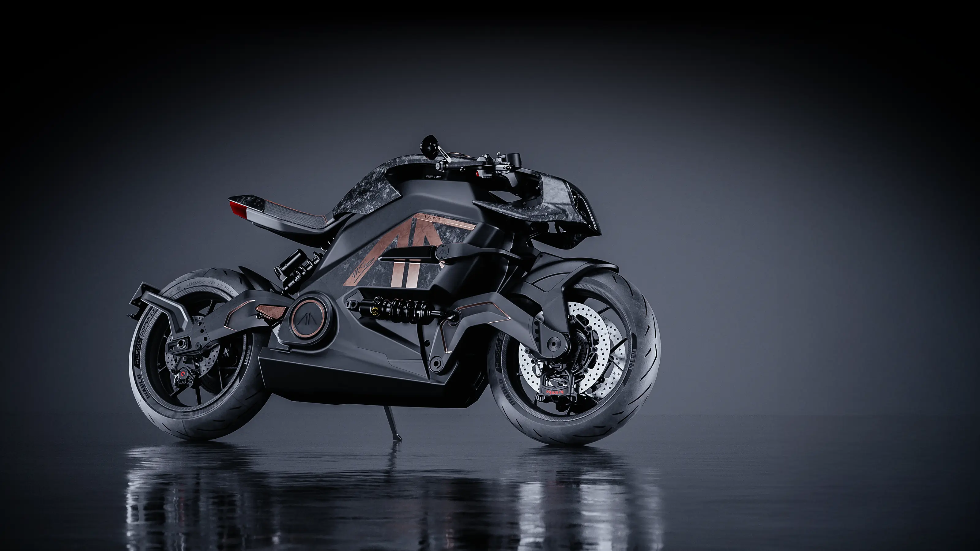 Image of an Arc Vector electric motorcycle signature edition, in black and rose gold livery