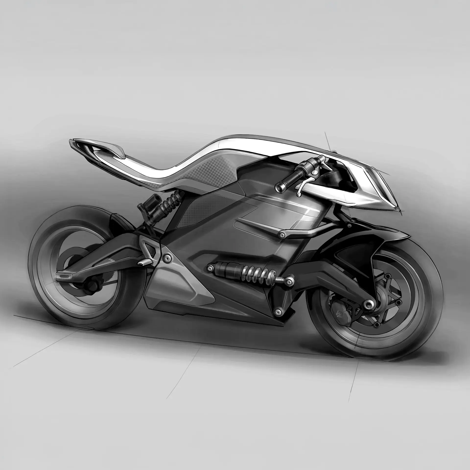 Arc Resfeber render showing   handrawn image of a concept performance electric motorcycle
