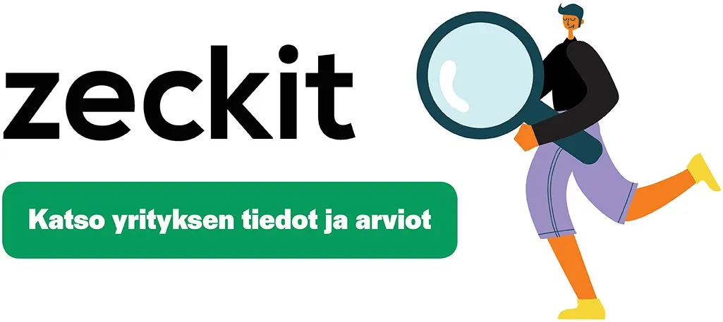 Musta 'zeckit'-logo ja vihreä painike, jossa lukee 'Katso yrityksen tiedot ja arviot'. Oikealla juokseva tyylitelty mieshahmo pitää suurta suurennuslasia. Hahmolla on musta paita, violetit housut ja keltaiset kengät. Suurennuslasissa on sininen kehys ja vaaleansininen linssi. Valkoinen tausta.