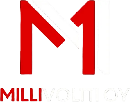 Yrityksen logo mustalla taustalla. Yläosassa on tyylitelty logo, jossa on punainen M-kirjain (punaiset pystypalkit, valkoinen vinoviiva) ja sen oikealla puolella valkoinen pystypalkki. Alapuolella on teksti 'MILLIVOLTTI OY', jossa 'MILLI' on punainen ja 'VOLTTI OY' on valkoinen.