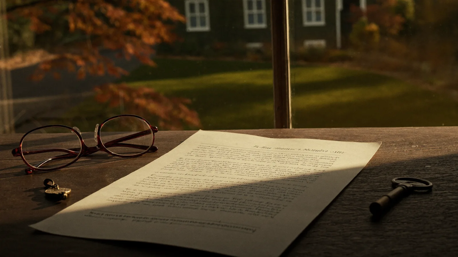 Schreibtisch mit Brief, Lesebrille und Hausschlüssel – herbstliches Licht durch Fenster