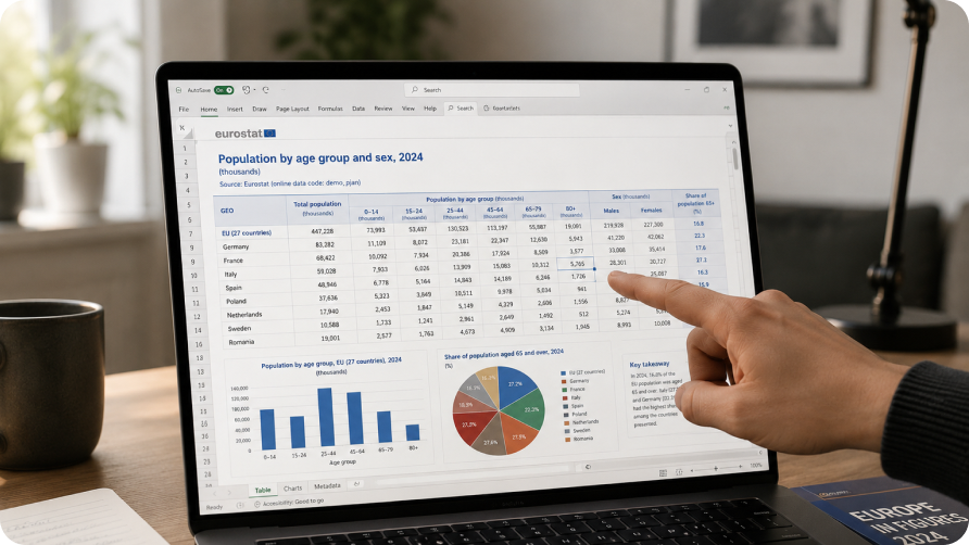 Person pointing at a Eurostat dataset spreadsheet on a laptop