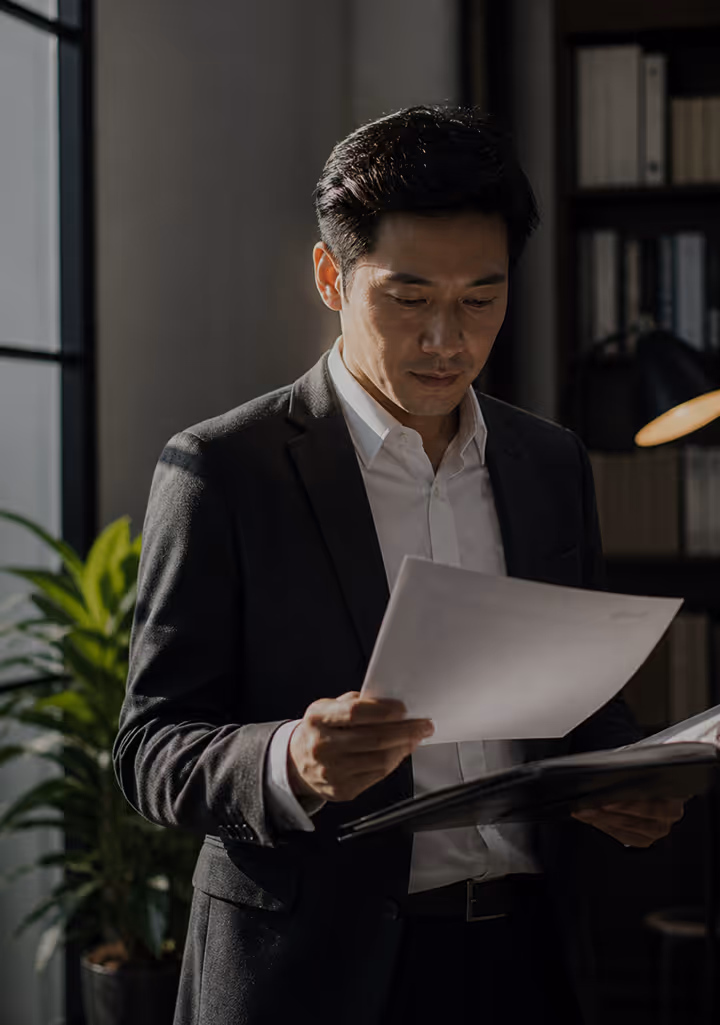 Man in suit standing by a window reading documents in a dimly lit office with plants and shelves.