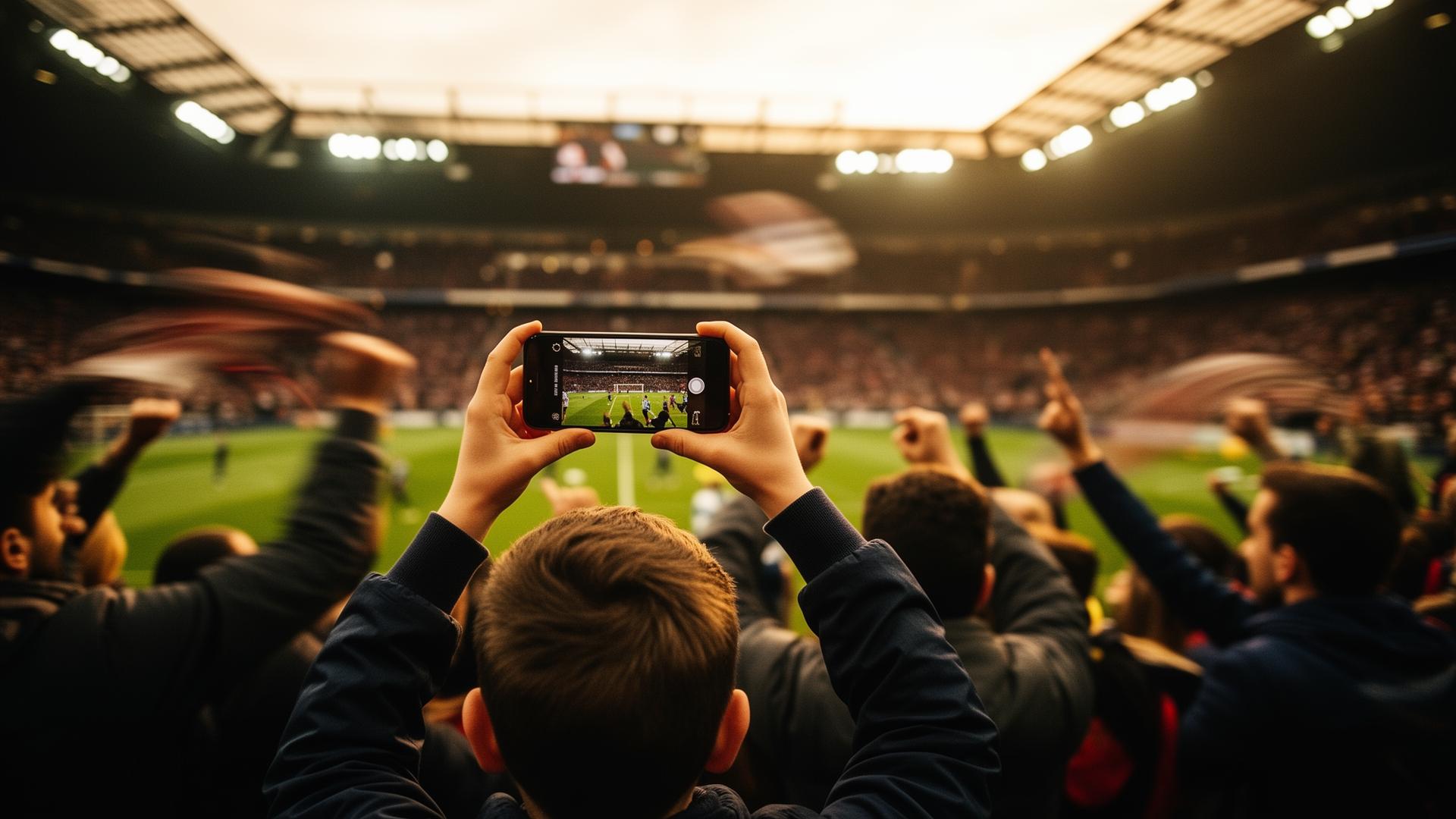 Fans in a packed stadium holding up smartphones to capture a goal