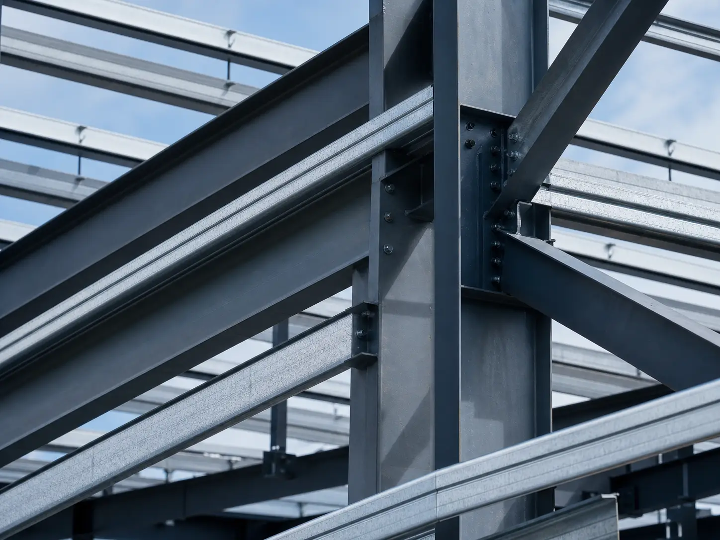 Structural steel frame connections under construction