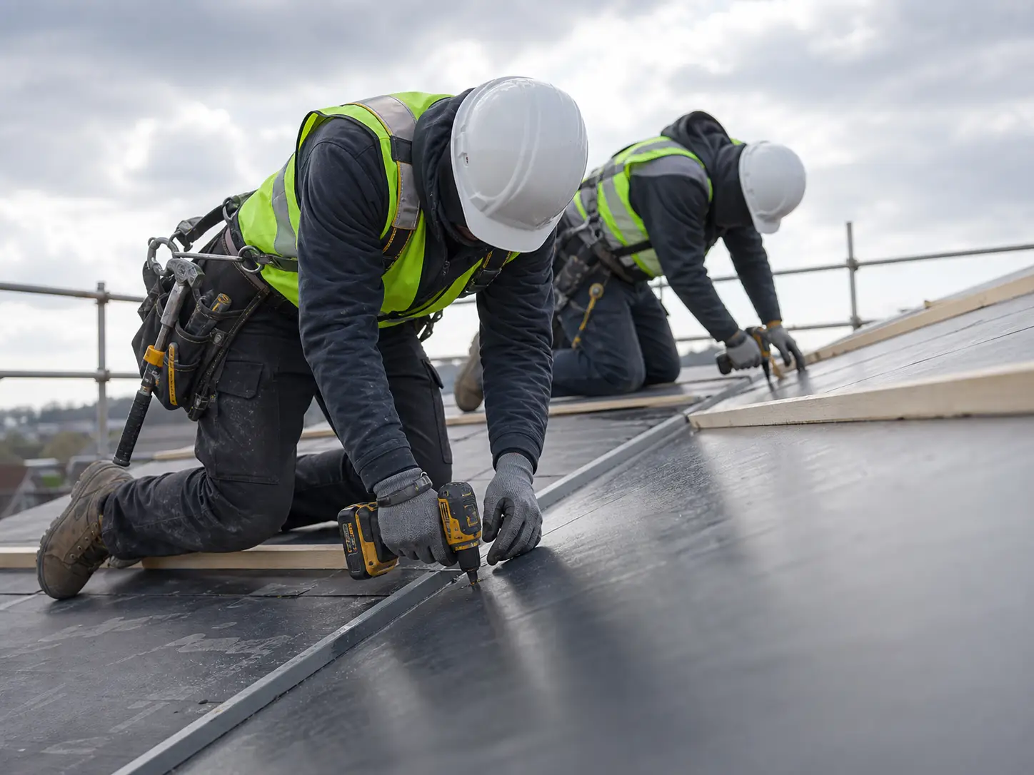 Operatives fixing roofing sheets on a new building